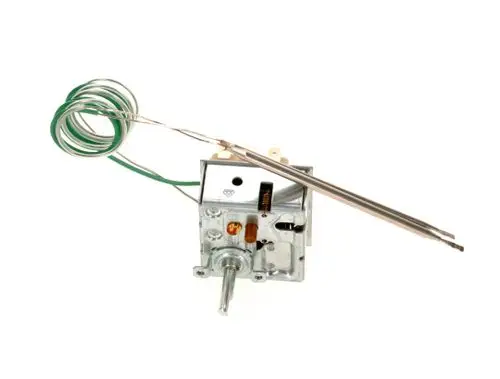 Temperaturregler mit Metallgehäuse und Sensorleitungen, der für Bosch E-Heizeinsätze geeignet ist. Zeigt eine Drehmechanik zur Einstellung der Temperatur.